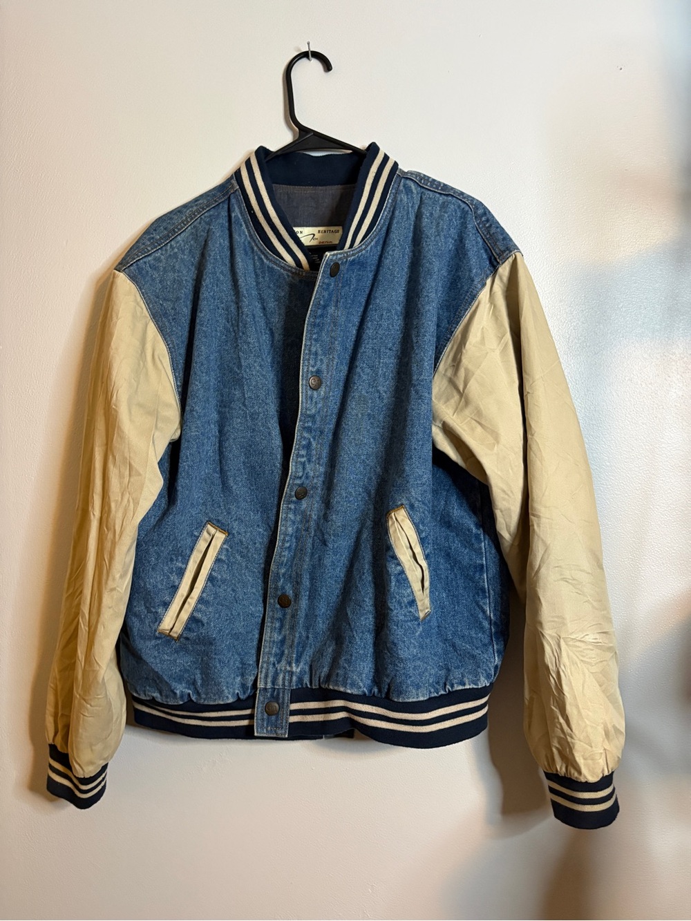 Vintage-Inspired Denim & Cream Bomber Jacket - Cotton Heritage